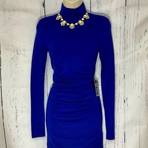 Express New! blue mock neck long sleeve fitted ruched sweater dress, size XS